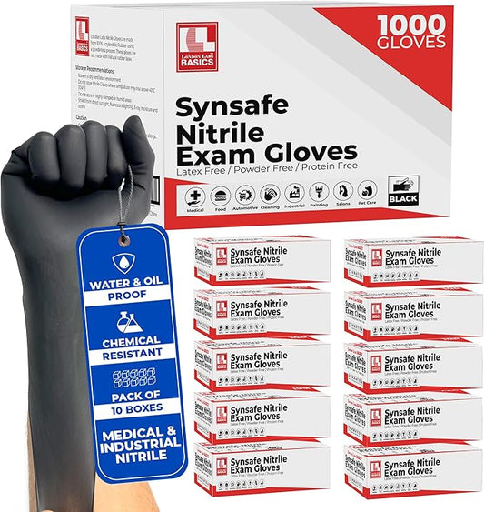 Synsafe 4 Mil -Black Nitrile Exam Gloves –Disposable Latex Free & Powder Free – Extra Strong, Rubber Gloves – First Aid Kit, Medical, EMT, Cleaning, Cooking | Bulk Case of (1000 ct)