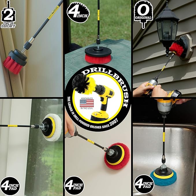 Drillbrush - Rotary Drill Brush Cordless Scrubber - Deck Scrub Brush Kit - Concrete, Marble, Brick, Stone, Ceramic Tile Cleaner Brushes - Bathroom Power Scrubbing Pads - Glass Shower Door Cleaner