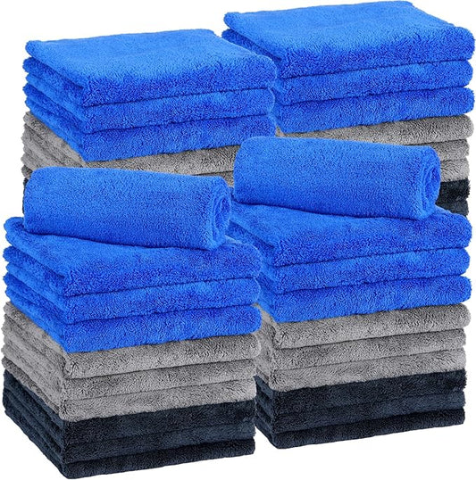 Shimeyao 30 Pcs Edgeless Microfiber Plush Towels for Cars Detailing Drying Wash Polishing Absorbent Cleaning Cloths, 500 GSM, 16 x 16 Inch(16 x 16 Inch,Navy Blue, Gray, Black,30 Pcs)