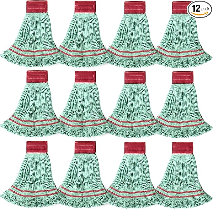 ONESIMUS 30 oz Pack of 12 Cleaning Heavy Duty Industrial Commercial Grade Looped-End Mop Head Replacement,6'' Headband Cotton String Wet Mop Head Refills,Machine Washable Green Mop