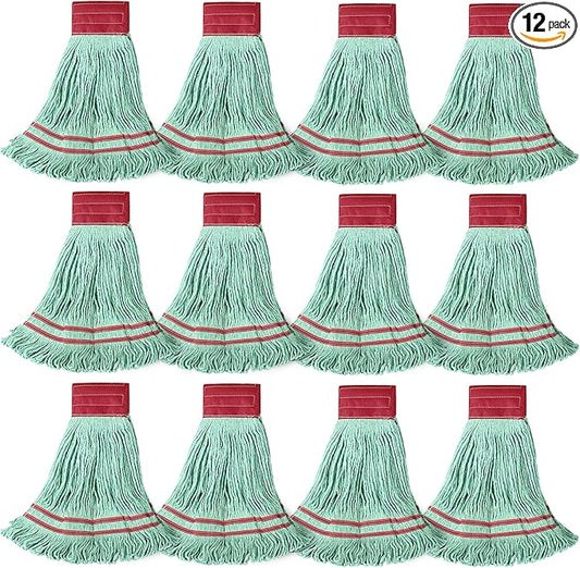 ONESIMUS 30 oz Pack of 12 Cleaning Heavy Duty Industrial Commercial Grade Looped-End Mop Head Replacement,6'' Headband Cotton String Wet Mop Head Refills,Machine Washable Green Mop