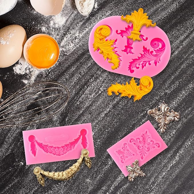 Baroque Style Silicone Molds, Curlicues Scroll Lace Fondant Molds, Vintage Relief Flower Mould Filigree 3D Clay Mold for Gummy Sugar Cookie Pastry Chocolate Mold for Clay Cupcake Topper Decor(7Pcs)