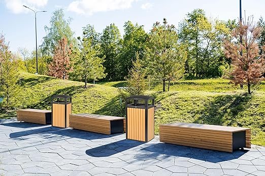 Alpine 40 Gallon Commercial Outdoor Trash Can with Lid - Modern Heavy Duty Large Outdoor Garbage Can with Durable Plastic Bin, Slatted Recycled Plastic Panels for Patio, Parks, Trails & Resorts (CD)