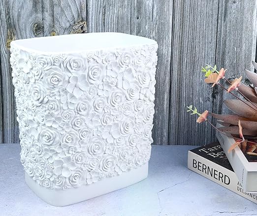 Hymmah Bathroom Trash Can 1.8 Gallon(7 Liter) Small Kitchen Garbage Can,Decor Wastebasket for Bedroom Office,Resin Hand-Carved Rose Flower White