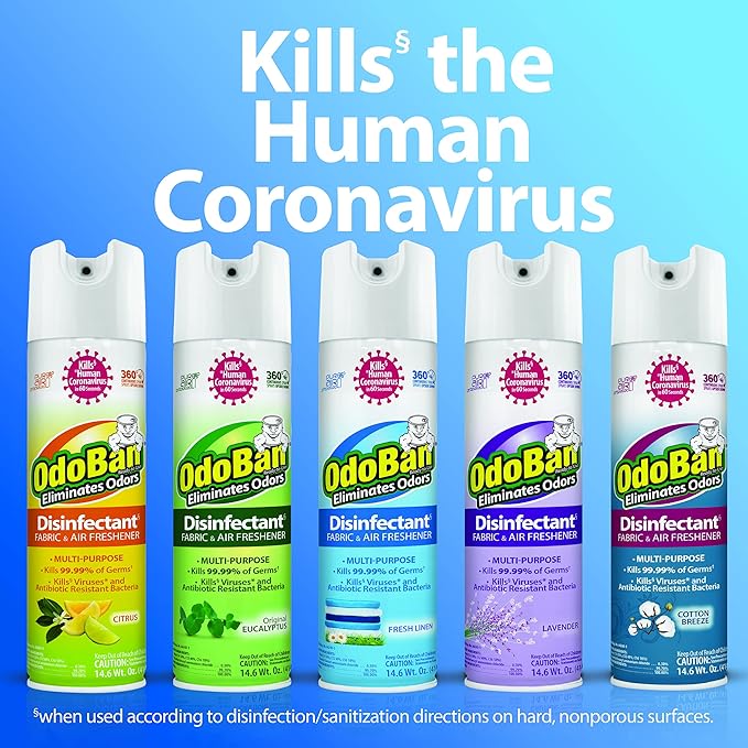 OdoBan Ready-to-Use 360-Degree Continuous Spray Disinfectant & Harsh Aroma Eliminator, Fabric and Air Freshener, Made in the USA, Original Eucalyptus Scent, 14.6 Ounces