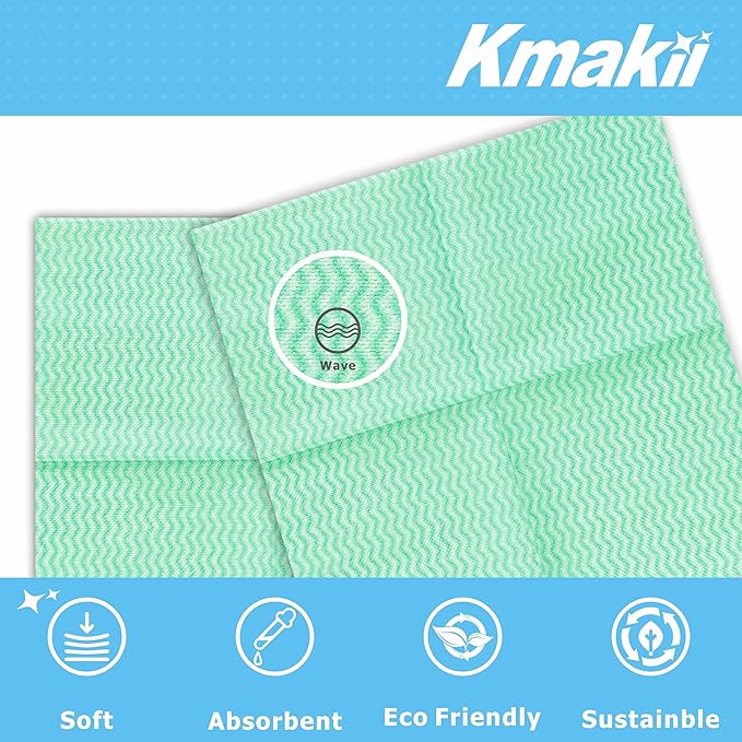 KMAKII Reusable Heavy Duty Cleaning Cloths – Multi-Purpose Dish Towels & Wipes for Kitchen & Home, Super Absorbent, 12 x 12 in (30 x 30 cm), Green, 50 Pack