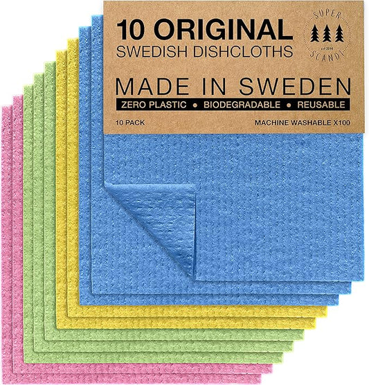 SUPERSCANDI 10 Pack Reusable Cleaning Cloths - 100% Biodegradable & Compostable | Washable Swedish Dishcloth - Food-Safe & Plastic-Free | Kitchen Cloth Suitable for Any Surface, Pink Green Blue