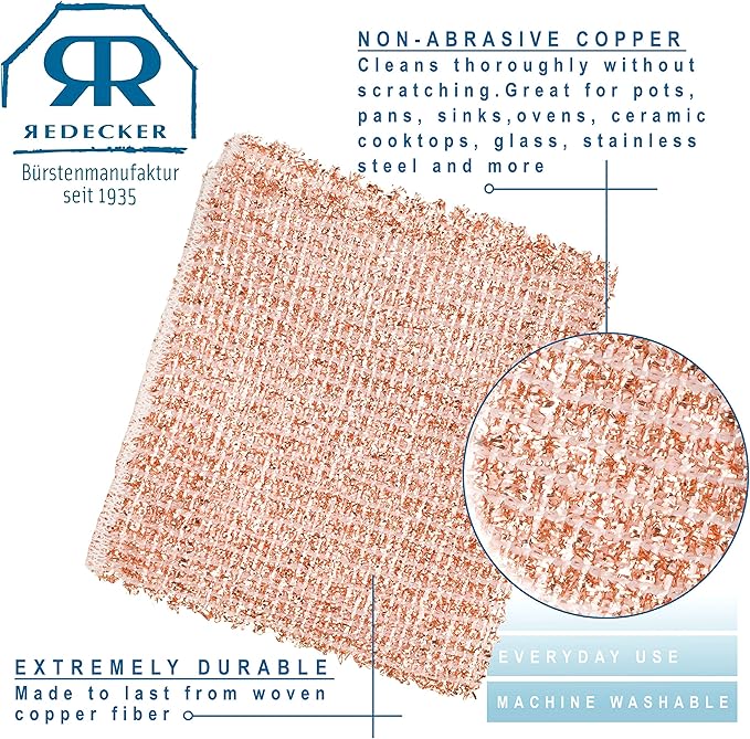Redecker Real Copper Cleaning Cloths – Scratch-Free 2-Ply Woven Copper Scrub Pads for Pots, Pans, Sinks, Glass & Stainless Steel – Reusable, Machine Washable, Durable, Eco-Friendly – Set of 2