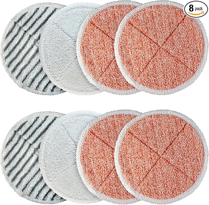 BlueStars 8 Pack Spinwave Mop Pads Replacement Compatible with Bissell Spinwave 2124 2039A 2039 2307 23157 20391 20399 Hard Floor Cleaners - 4 Heavy Scrub, 2 Scrubby, 2 Soft - Washable and Reusable
