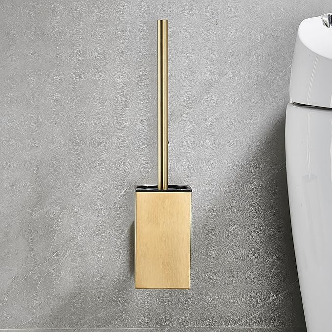 Toilet Brush and Holder Set Wall Mount or Freestanding KWQKEM Modern Toilet Bowl Cleaners Brush and Holder with Lid 304 Stainless Steel (Brushed Gold)