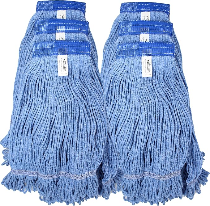 Turkey Creek Essentials Mop Heads Commercial Grade USA Made Looped End Heavy Duty Large Mop Head of Blue 4-Ply Synthetic Yarn Industrial Wet Mop Head Replacement and String Mop Refills (6, Large)